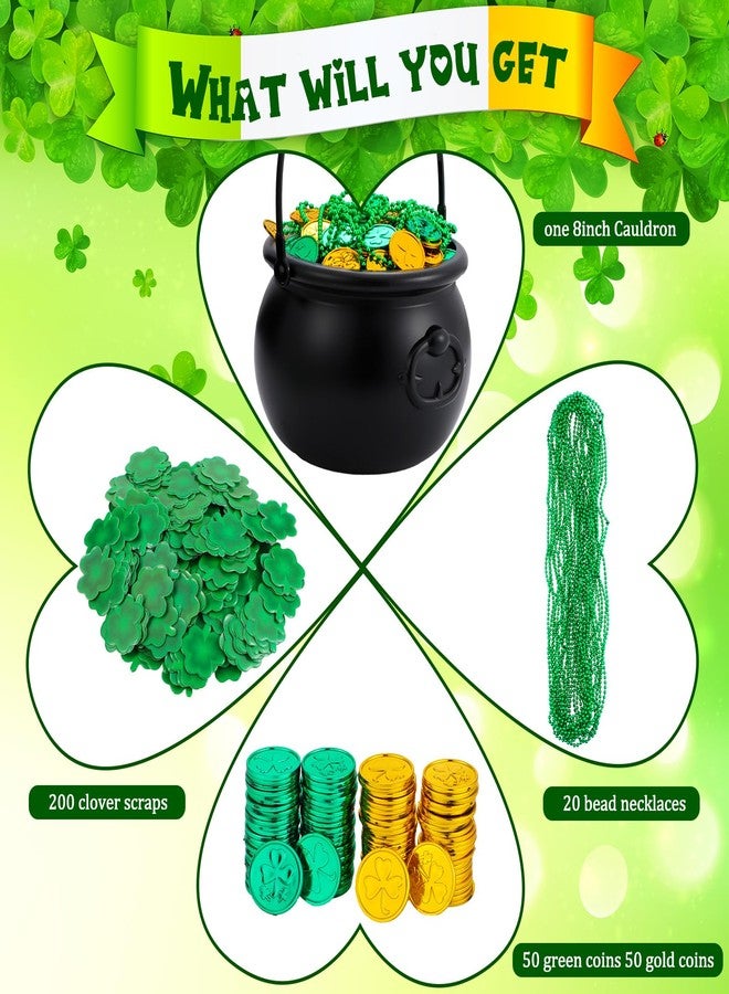 Poen مجموعة مراجل عيد القديس باتريك من بوين، 321 قطعة، تتضمن مراجل بلاستيكية، عملات معدنية، قصاصات ورقية على شكل نبات النفل، وقلادة من الخرز لتزيين حفلات عيد القديس باتريك (أسود). - Image 4